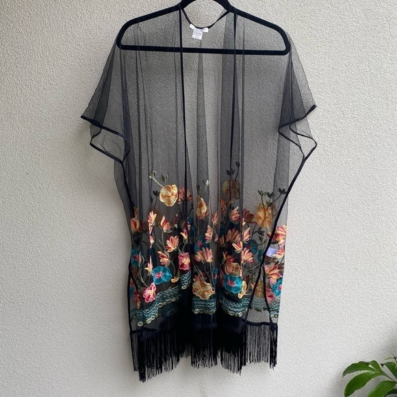 Haute Hippie Black Mesh sheer Floral Embroidered Fringe Boho Festival Poncho - Picture 7 of 7